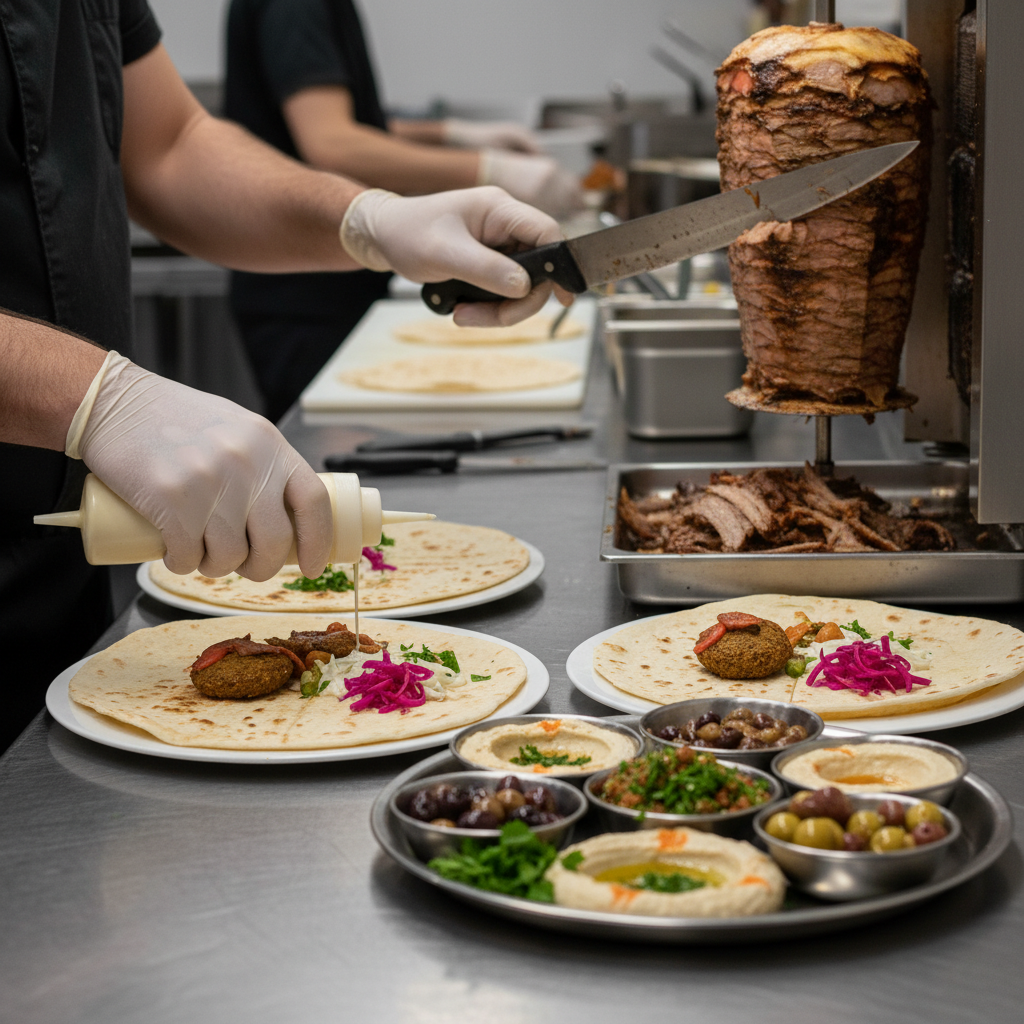 Close-up of shawarma wraps and mezze being assembled for event catering menu planning in a professional Toronto kitchen