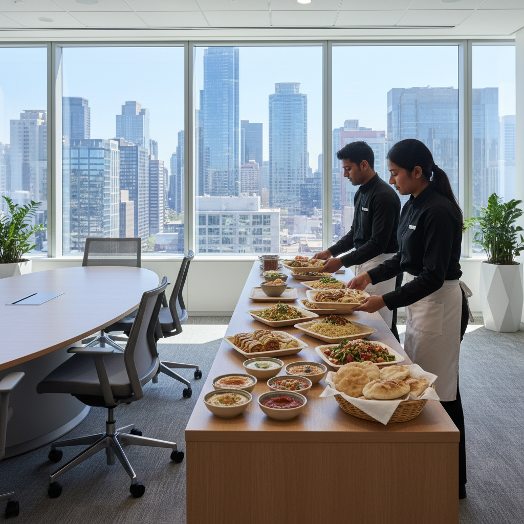 Corporate catering trays with shawarma, rice, salads, and pita being staged in a bright Toronto office