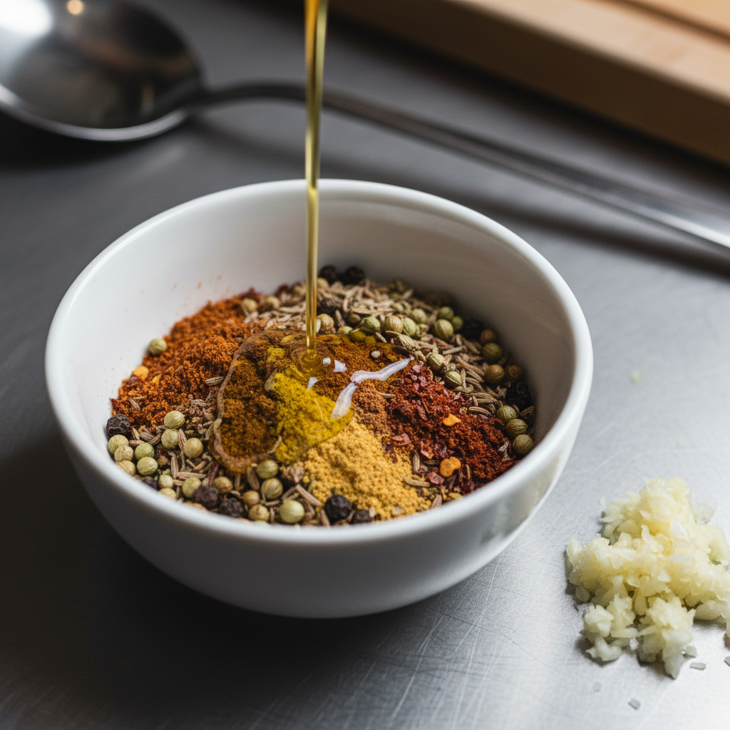 Close-up shawarma spice blend with cumin, coriander, paprika, turmeric, cinnamon, and sumac for Mediterranean shawarma ingredients