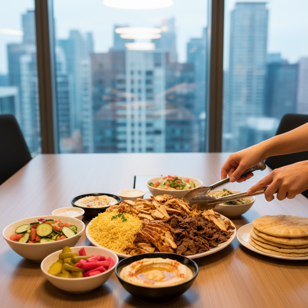 Catered Mediterranean shawarma platter with sliced meats, rice, salads, hummus, pickles, sauces, and pita for a Toronto office lunch