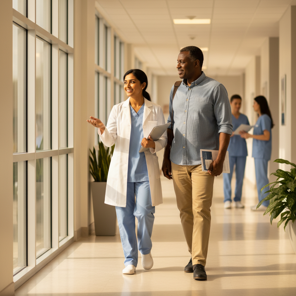 healthcare provider walking with patient in a bright clinic hallway after a smoking cessation visit, supportive Ontario clinic setting