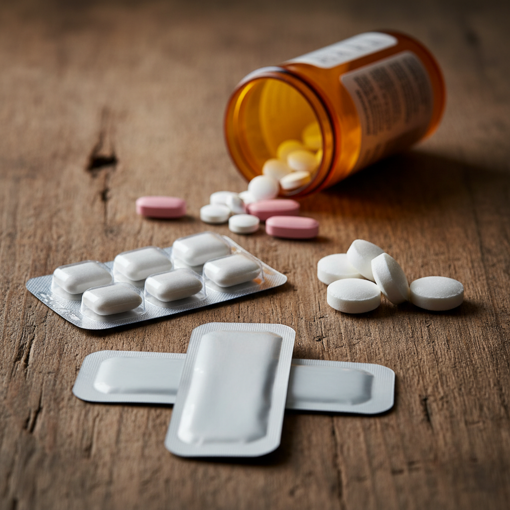 close-up of nicotine replacement therapy options including nicotine patches, gum, lozenges, and a pill bottle for smoking cessation medication options