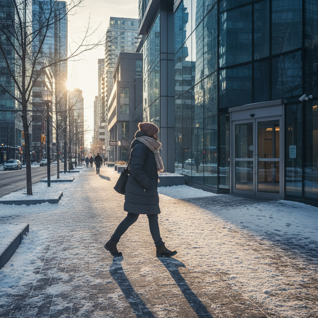 Person walking toward a modern clinic entrance in downtown Toronto, symbolizing access to outpatient gambling addiction support