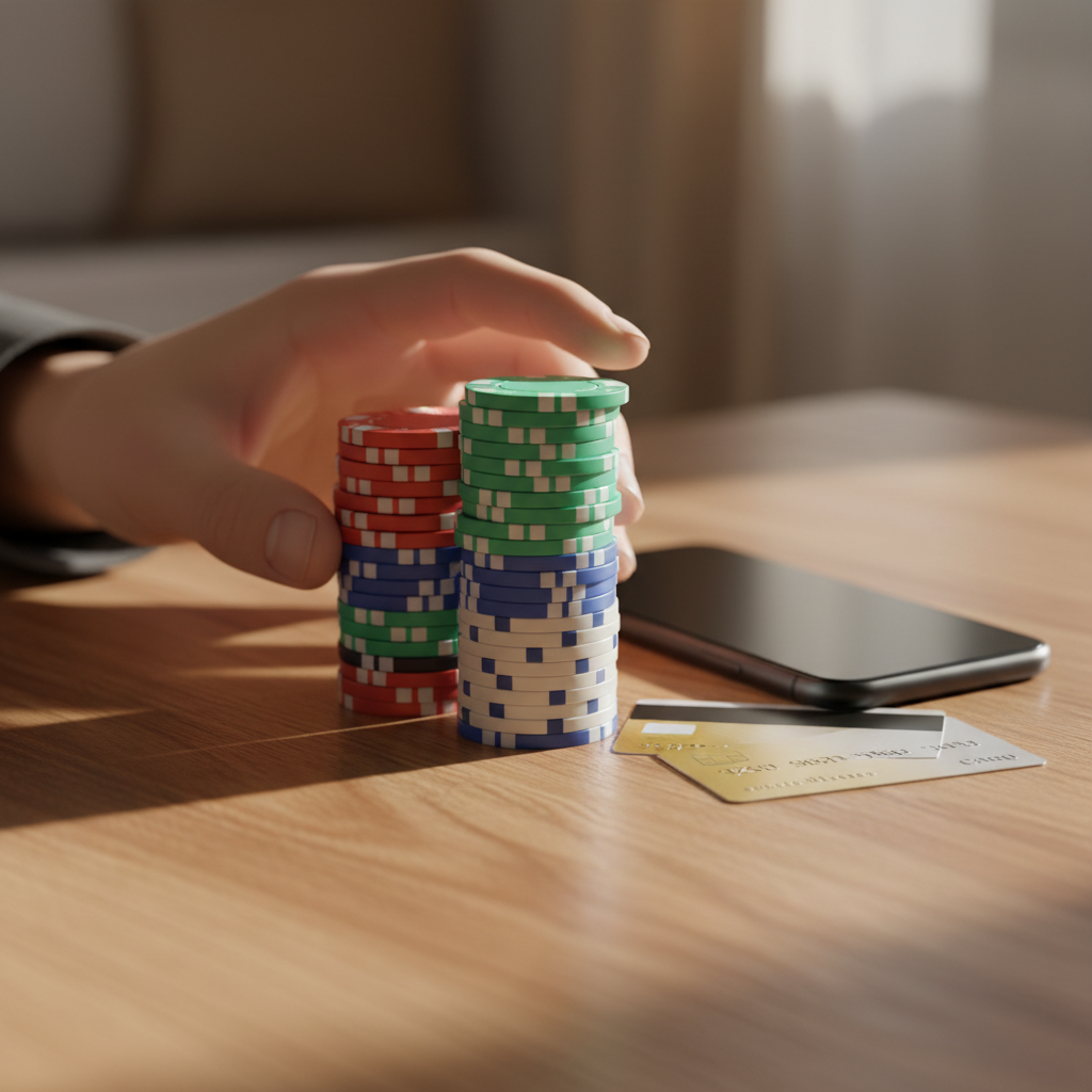 Close-up of a hand pushing away poker chips beside a phone and cards, symbolizing gambling addiction support and boundaries