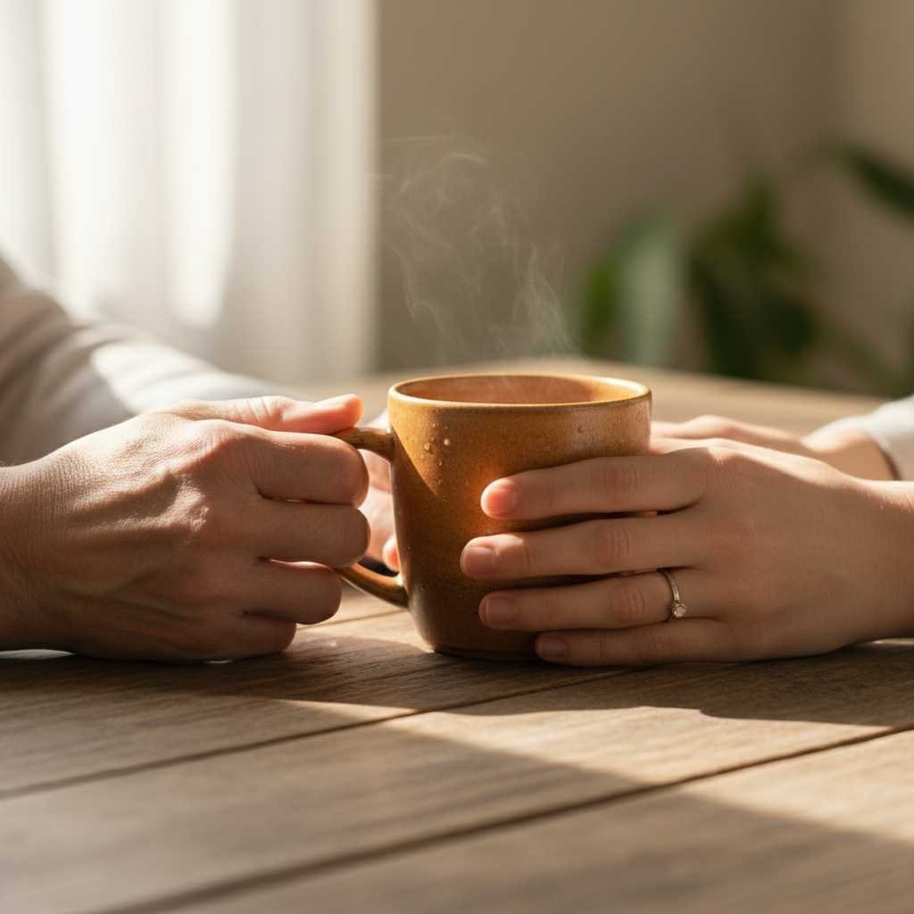 Close-up of supportive hands offering a warm mug, symbolizing compassionate family addiction support in Ontario clinics