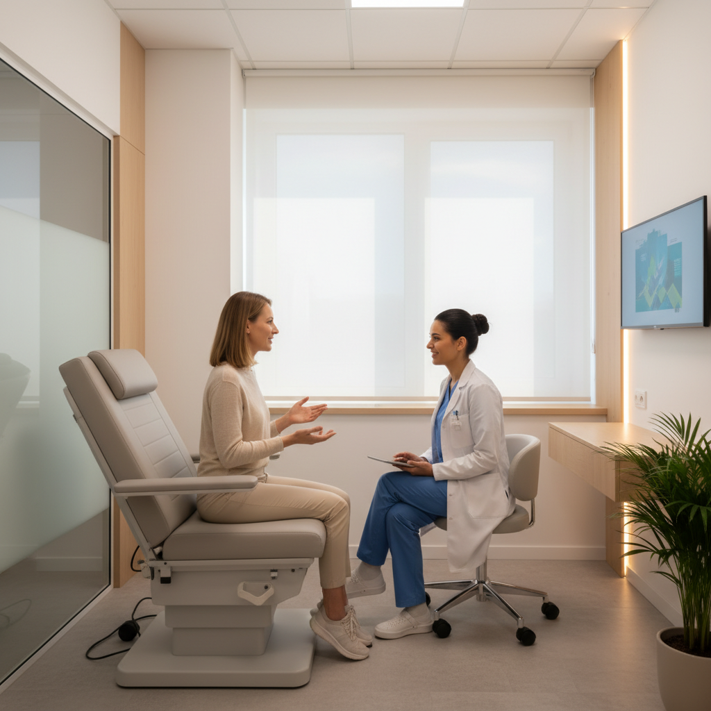 Welcoming outpatient addiction clinic consultation room with nurse speaking to a patient, illustrating same-day intake and compassionate care