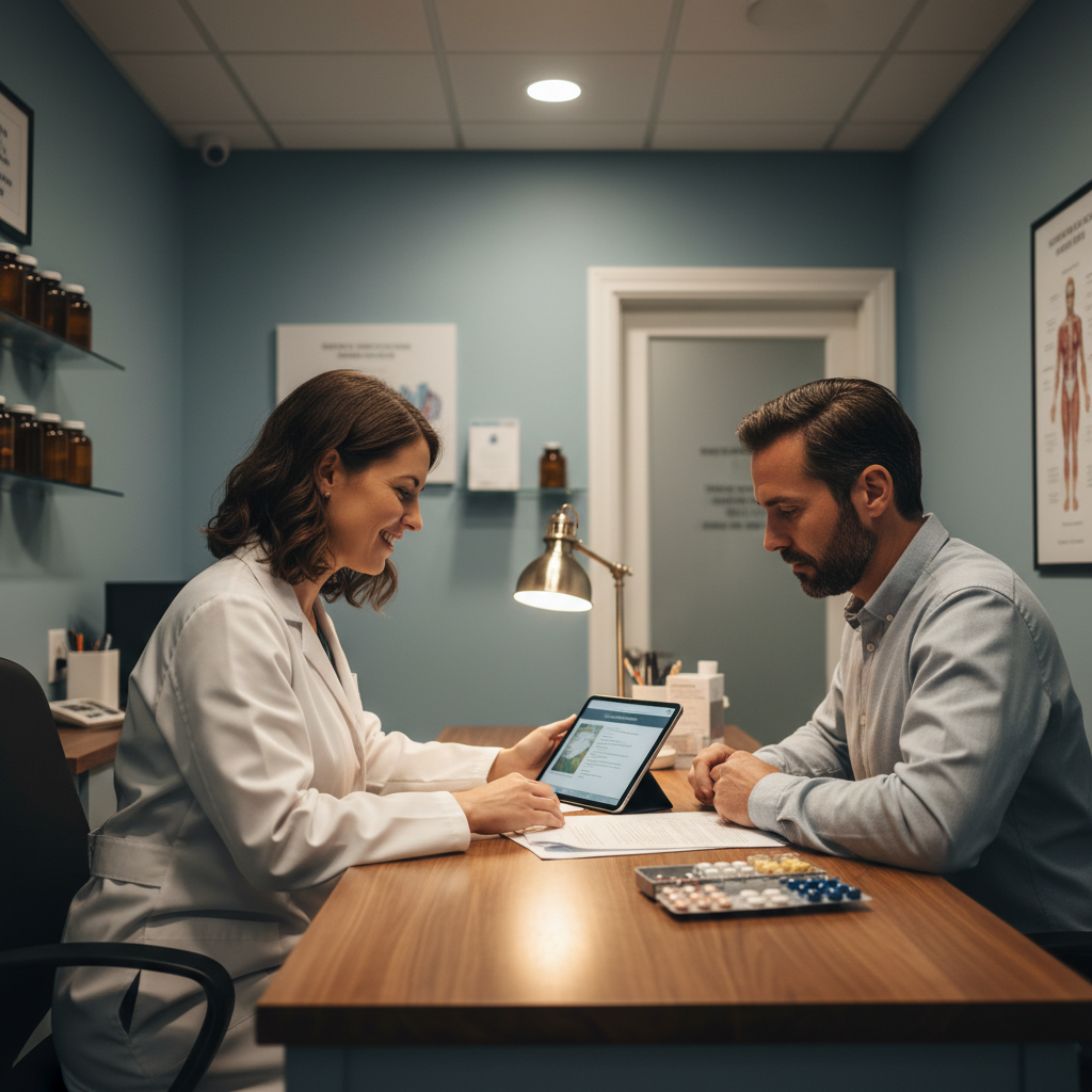 Private pharmacy consultation scene supporting safer opioid supply harm reduction with confidential review