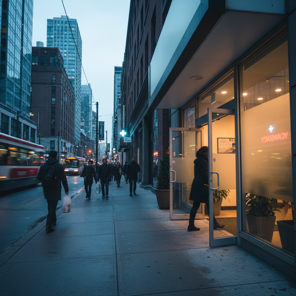 Person entering a modern downtown clinic in Toronto at dusk, representing accessible opioid treatment across Ontario