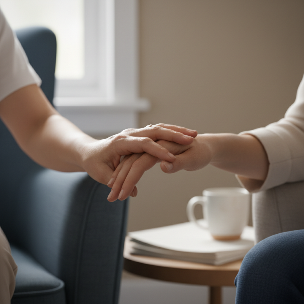 supportive hands during counseling symbolizing judgment-free mental health support in Ontario outpatient clinic