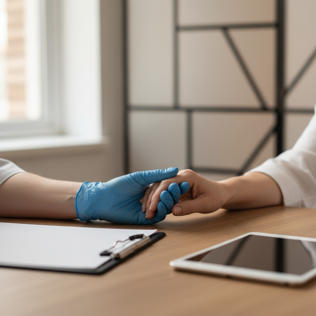 Confidential addiction treatment care intake at Ontario clinic showing supportive clinician and patient hands, privacy-first setting