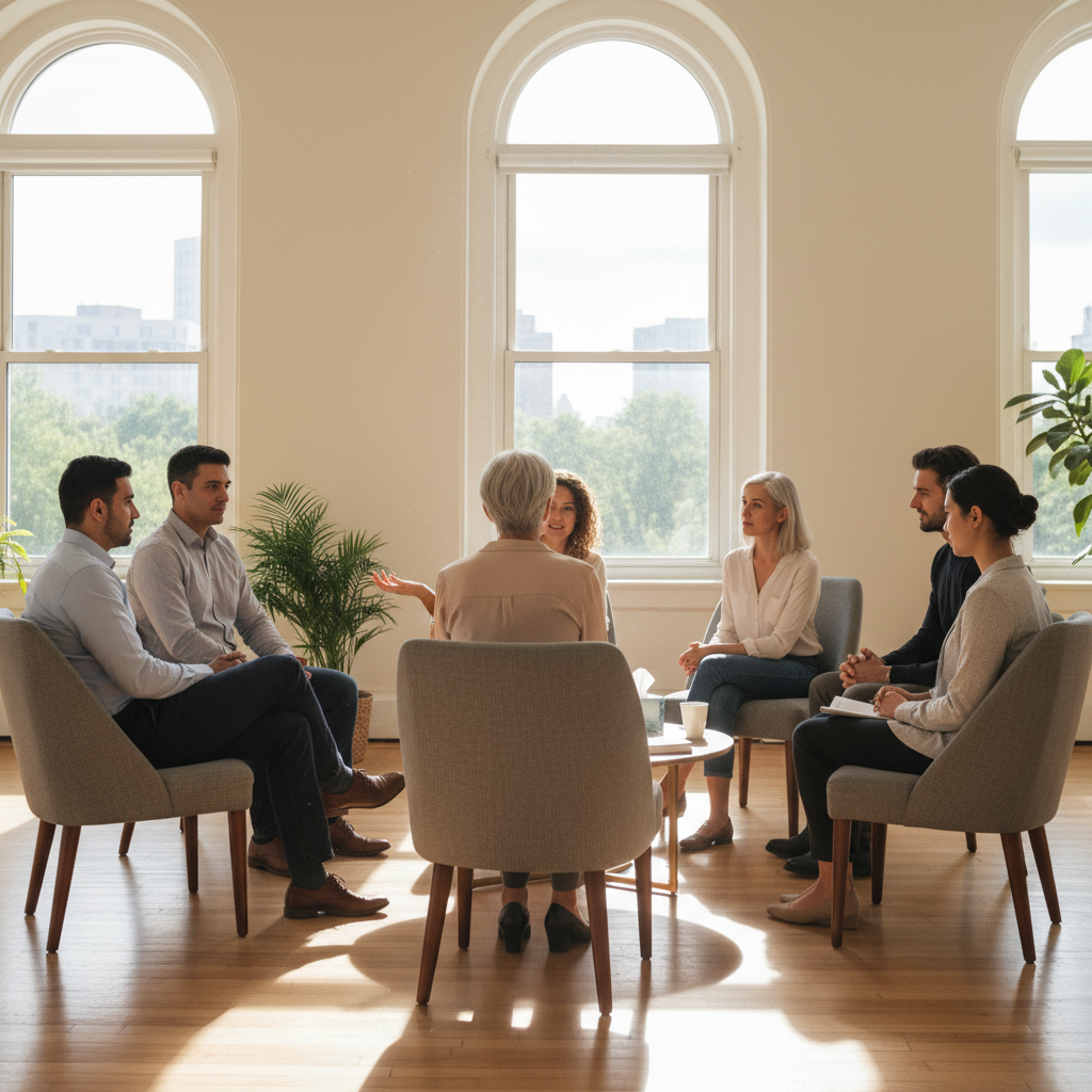 group therapy circle in Ontario clinic illustrating supportive, judgment-free mental health care