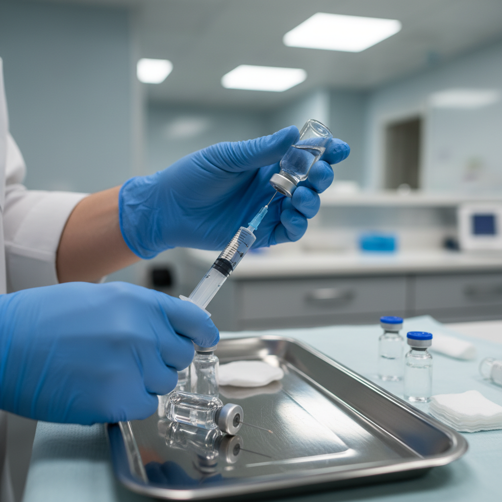 Healthcare professional preparing a Sublocade extended-release buprenorphine injection in a clinic