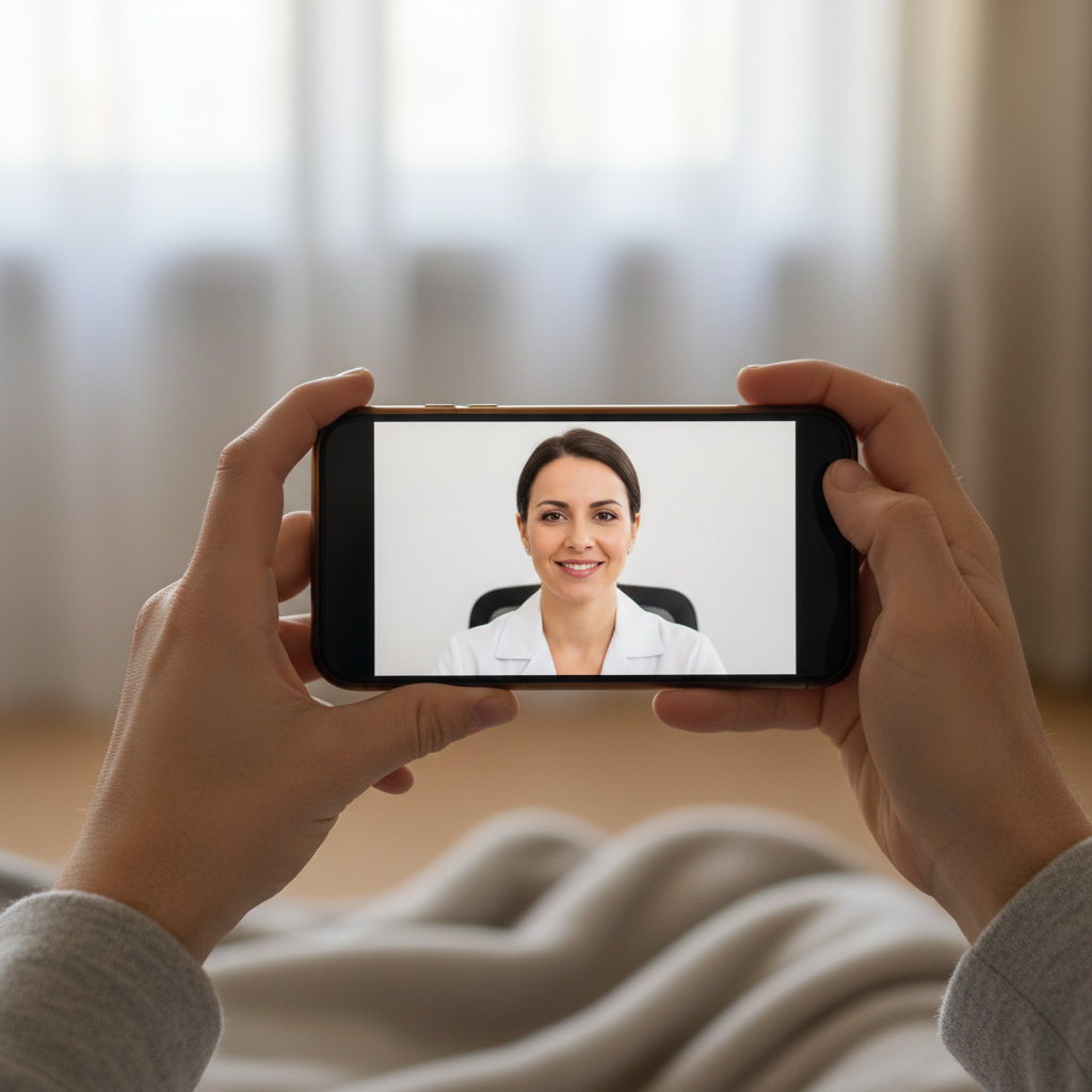 virtual psychiatric consultation benefits close-up of telepsychiatry smartphone session showing clinician on screen