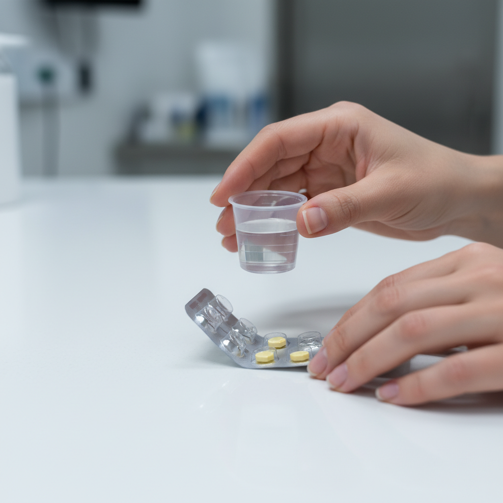 close-up of medication-assisted treatment tools for dual diagnosis care, showing dose cup and sublingual meds, integrated with opioid agonist therapy