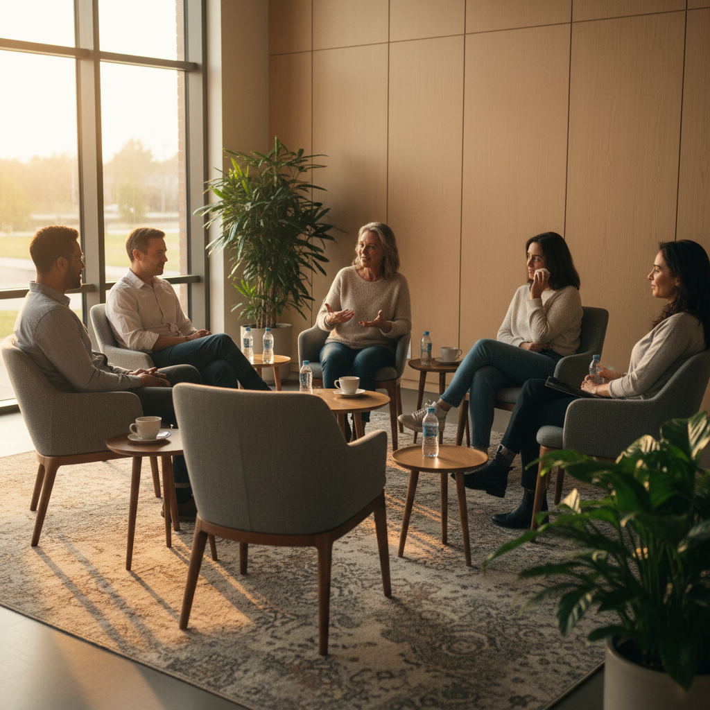 group therapy circle supporting dual diagnosis mental health and addiction treatment in Ontario clinics