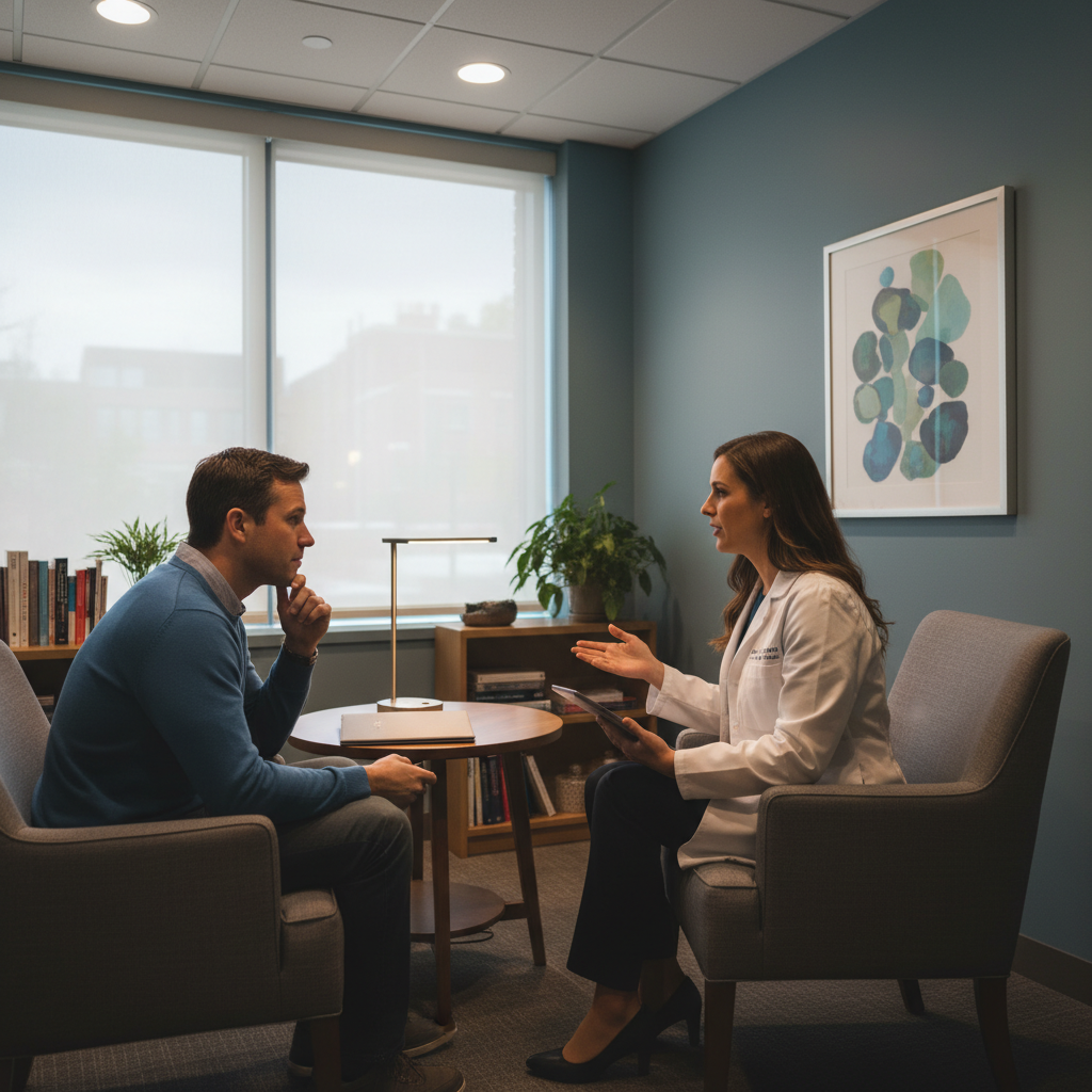 private consultation room with physician and patient discussing same-day intake treatment options at an Ontario clinic