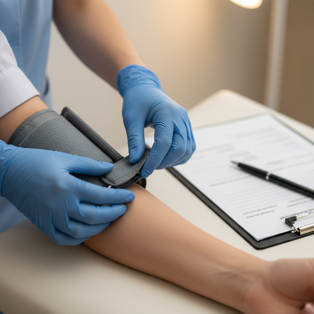 nurse triage close-up during same-day addiction treatment intake process with blood pressure cuff and intake forms