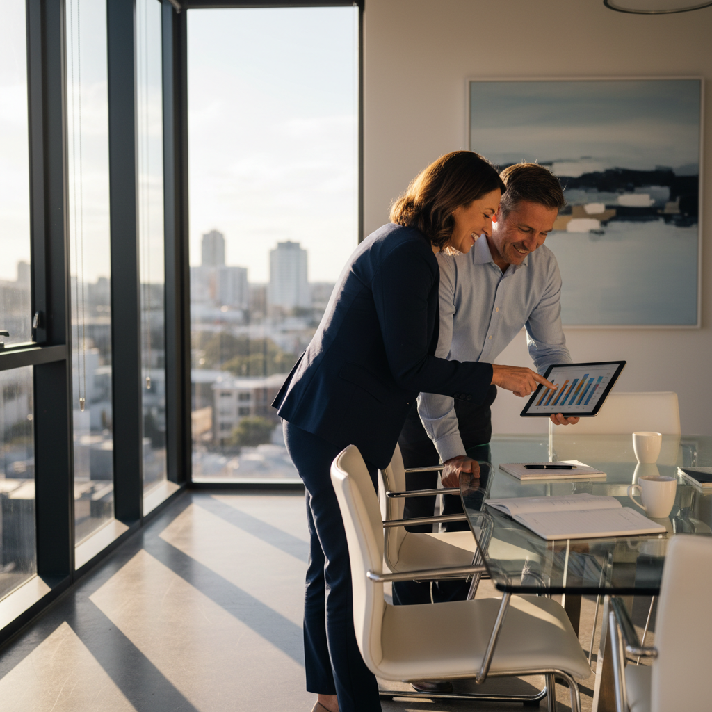 Accountant and small business owner collaborating in a Parramatta office to review bookkeeping reports and cash flow charts
