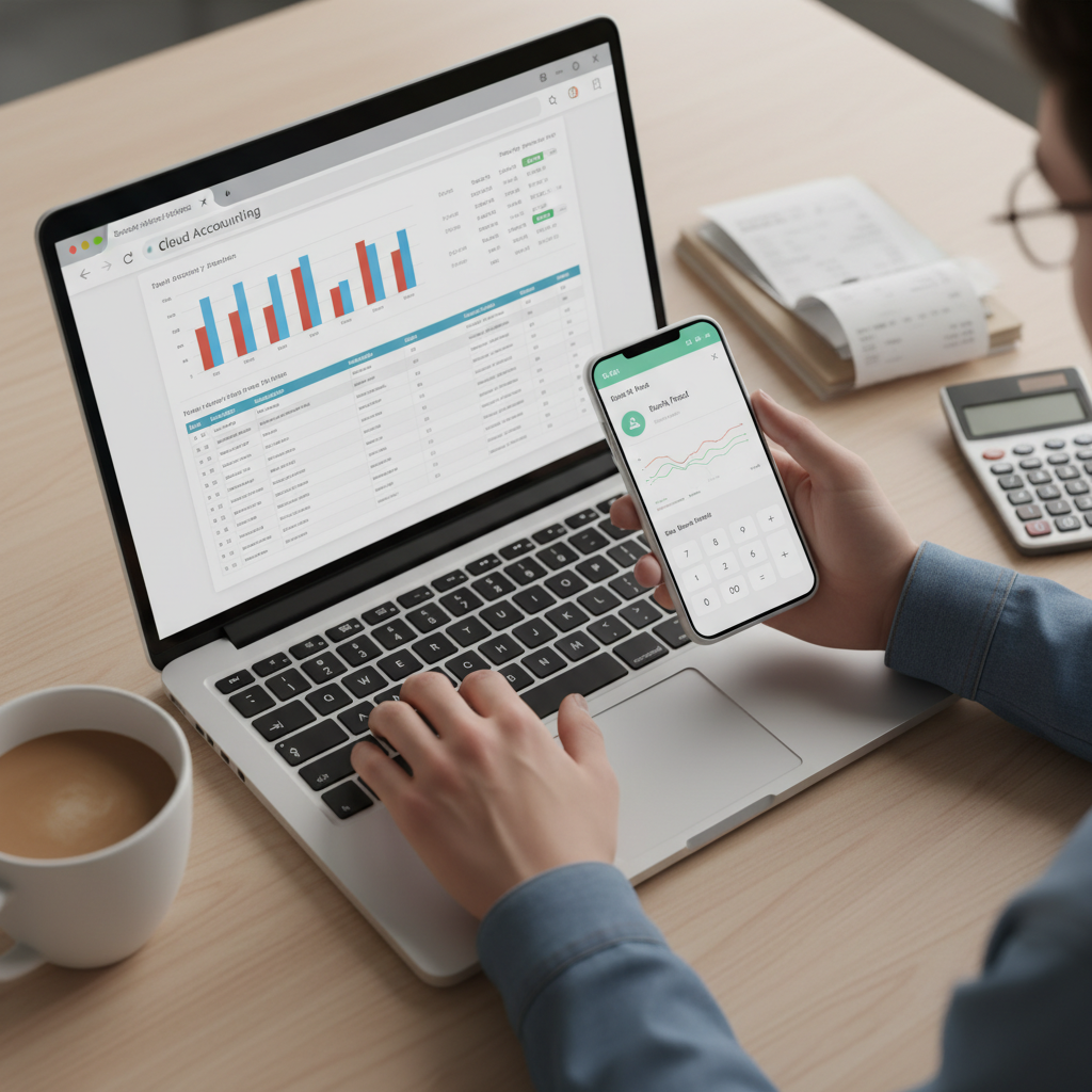 Close-up bank reconciliation on laptop with cloud accounting app, receipts, and calculator for small business bookkeeping