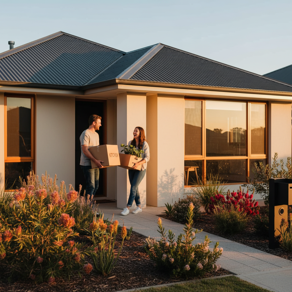 New Australian homeowners carrying moving boxes into a modern suburban home after meeting first home buyer loan requirements Australia