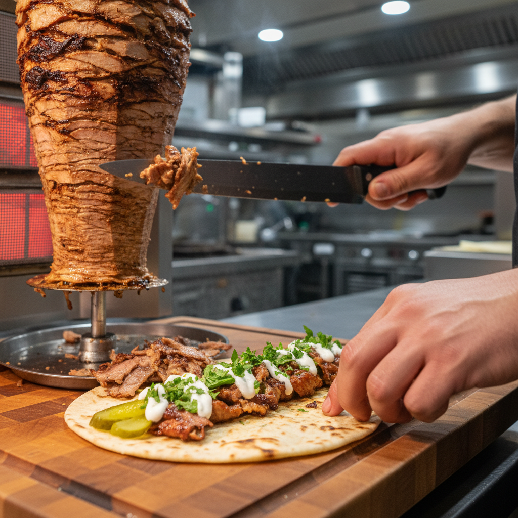 Chef slicing shawarma for a wedding catering station in Toronto with Turkish flavors