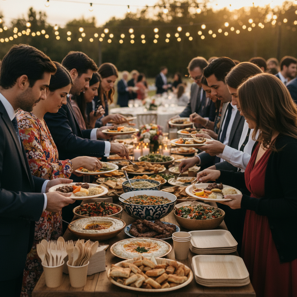Outdoor wedding buffet in Toronto with Middle Eastern and Turkish dishes under warm string lights