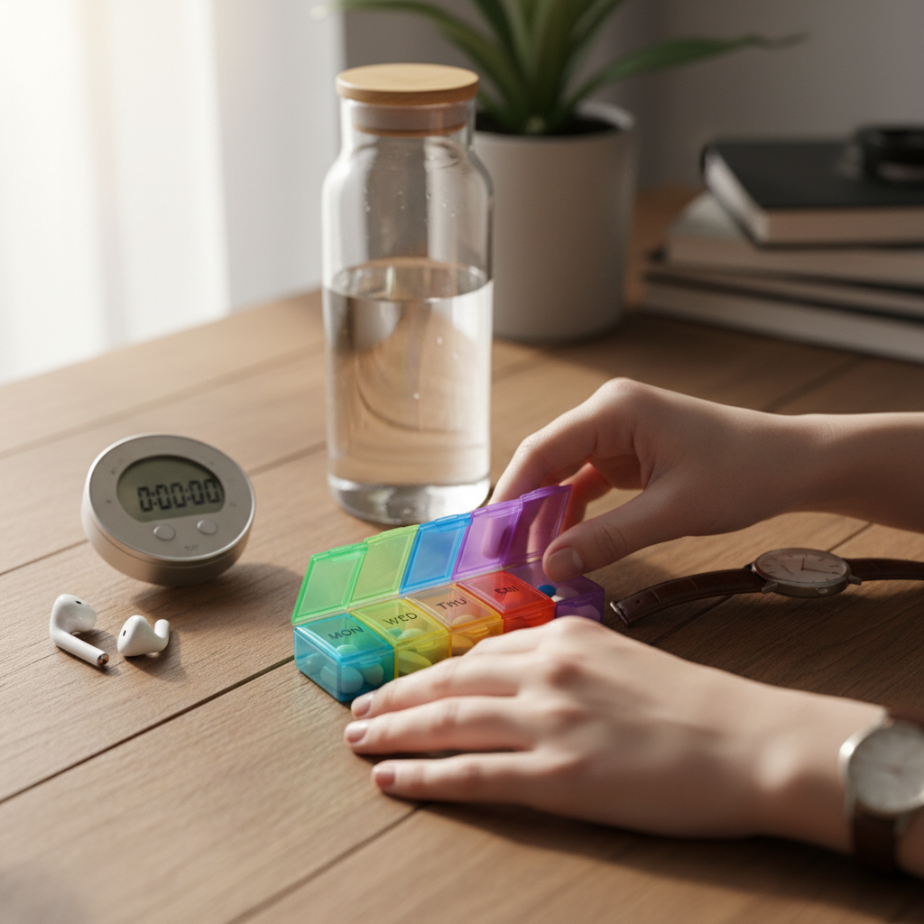 Close-up of hands organizing a recovery toolkit for personalized addiction recovery plans with pill organizer and routine tools