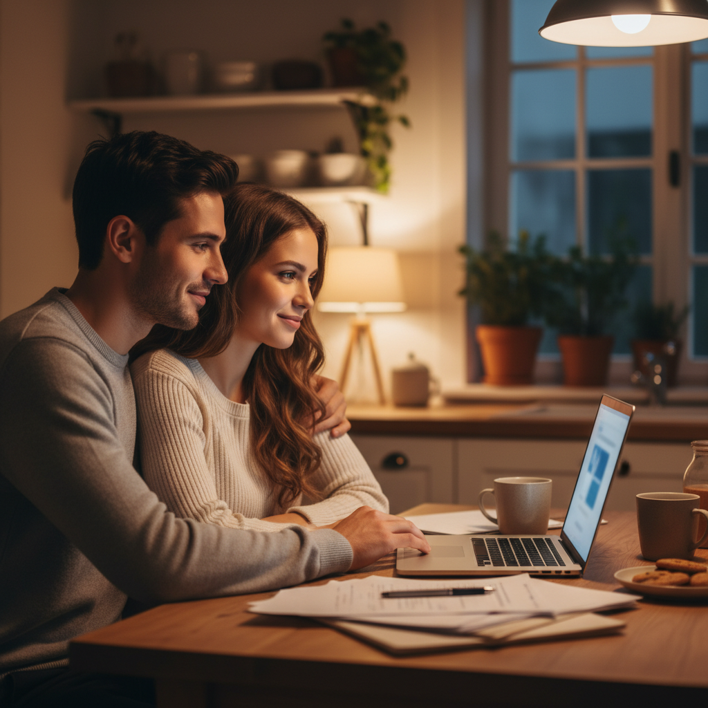 Couple preparing a family sponsorship application on a laptop with organized paperwork