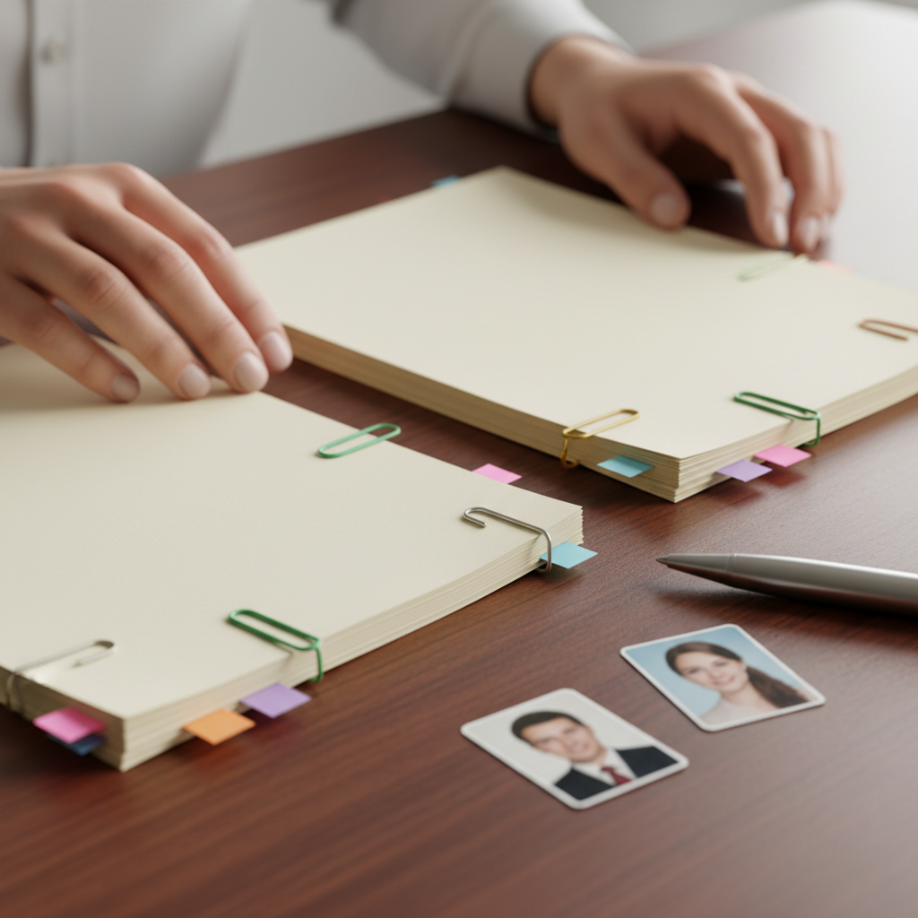 Organizing documents for immigration sponsorship requirements with checklists and passport photos