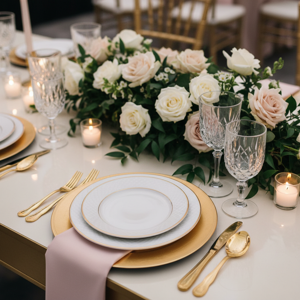 Elegant wedding table setting at Mississauga Convention Centre with gold-rimmed plates, crystal glassware, blush napkins, floral centerpiece – wedding venue rental Mississauga