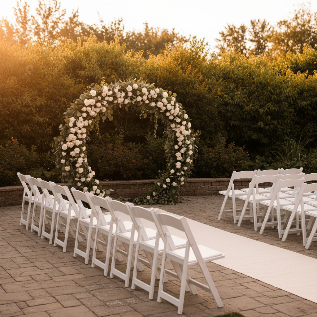 Outdoor wedding patio ceremony setup at Mississauga Convention Centre at sunset – outdoor wedding patio Mississauga
