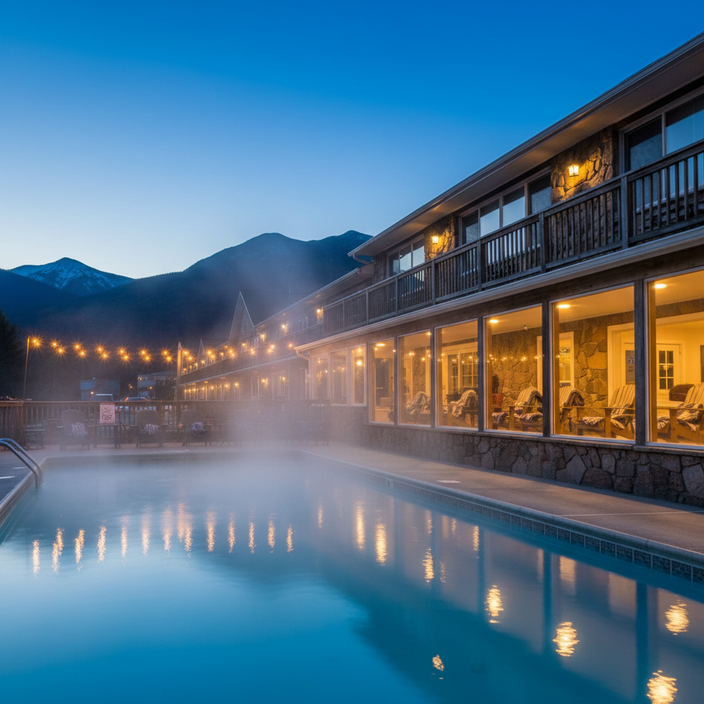 North Conway motel with outdoor heated pool and mountain-view porches near outlets, evening scene