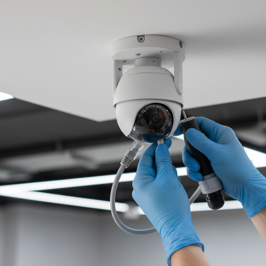 Close-up of a dome CCTV camera being mounted with Ethernet cable for PoE networking