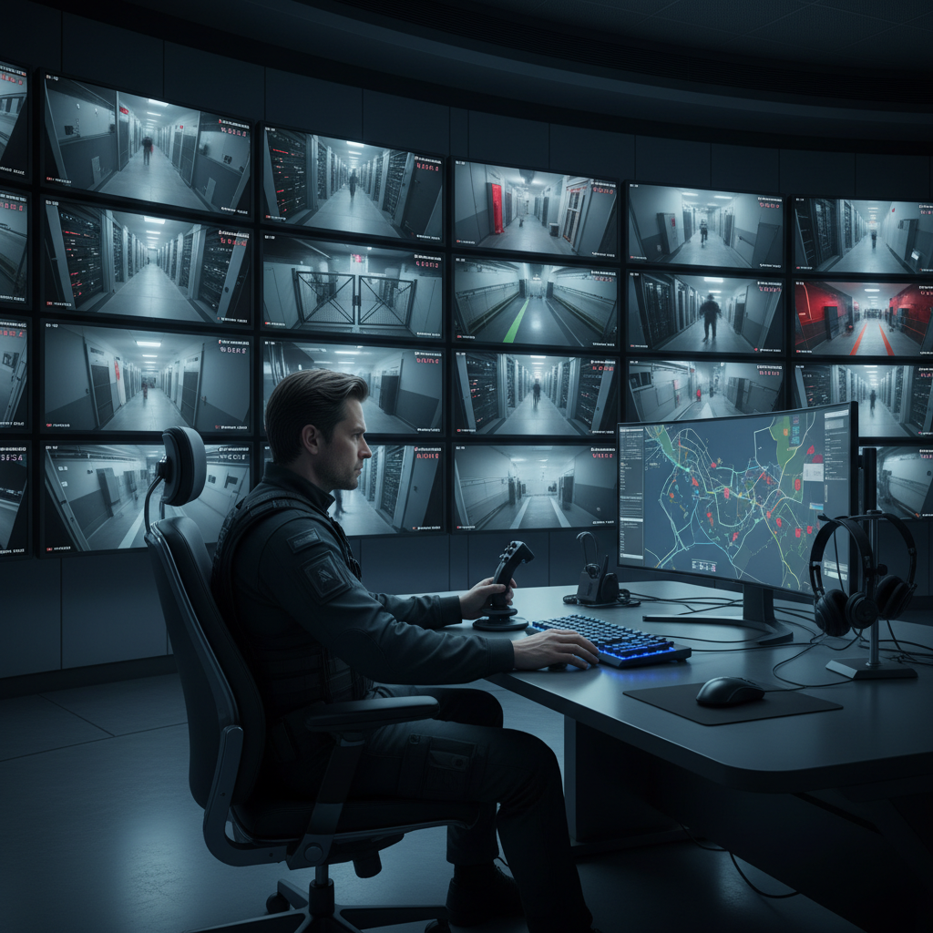 Security operations center monitoring live CCTV surveillance feeds across a facility