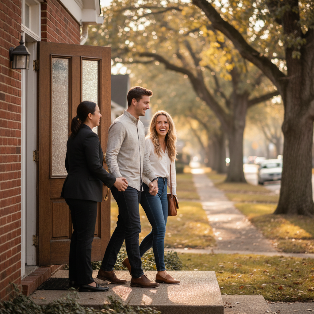 Side-angle scene of new homeowners entering a brick house after closing, illustrating the final step in a Toronto property transaction