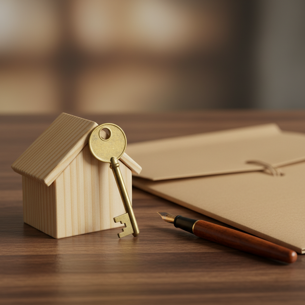 Close-up of house key and small wooden home with pen on desk illustrating title search and closing steps in a property transaction