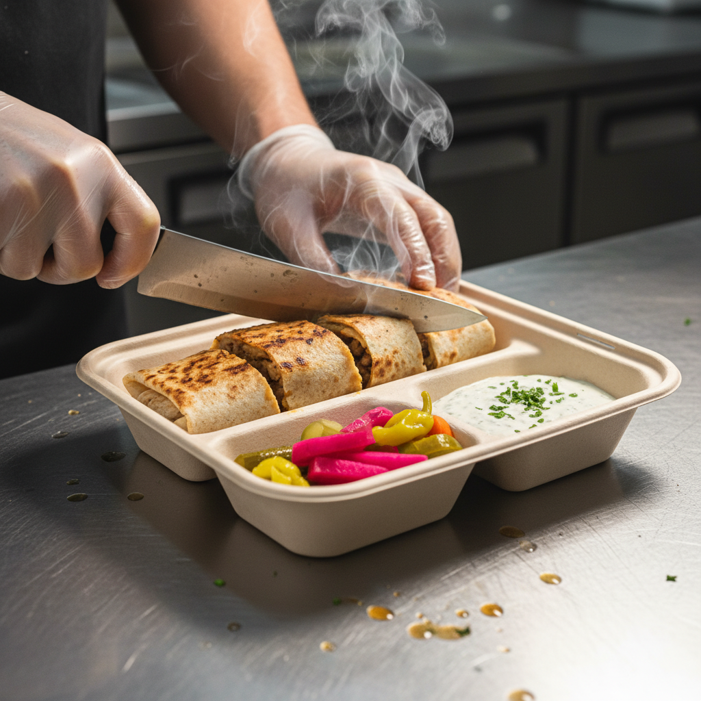 Close-up of fresh shawarma wrap being sliced and packed for takeout, showing online food ordering convenience tips in Toronto