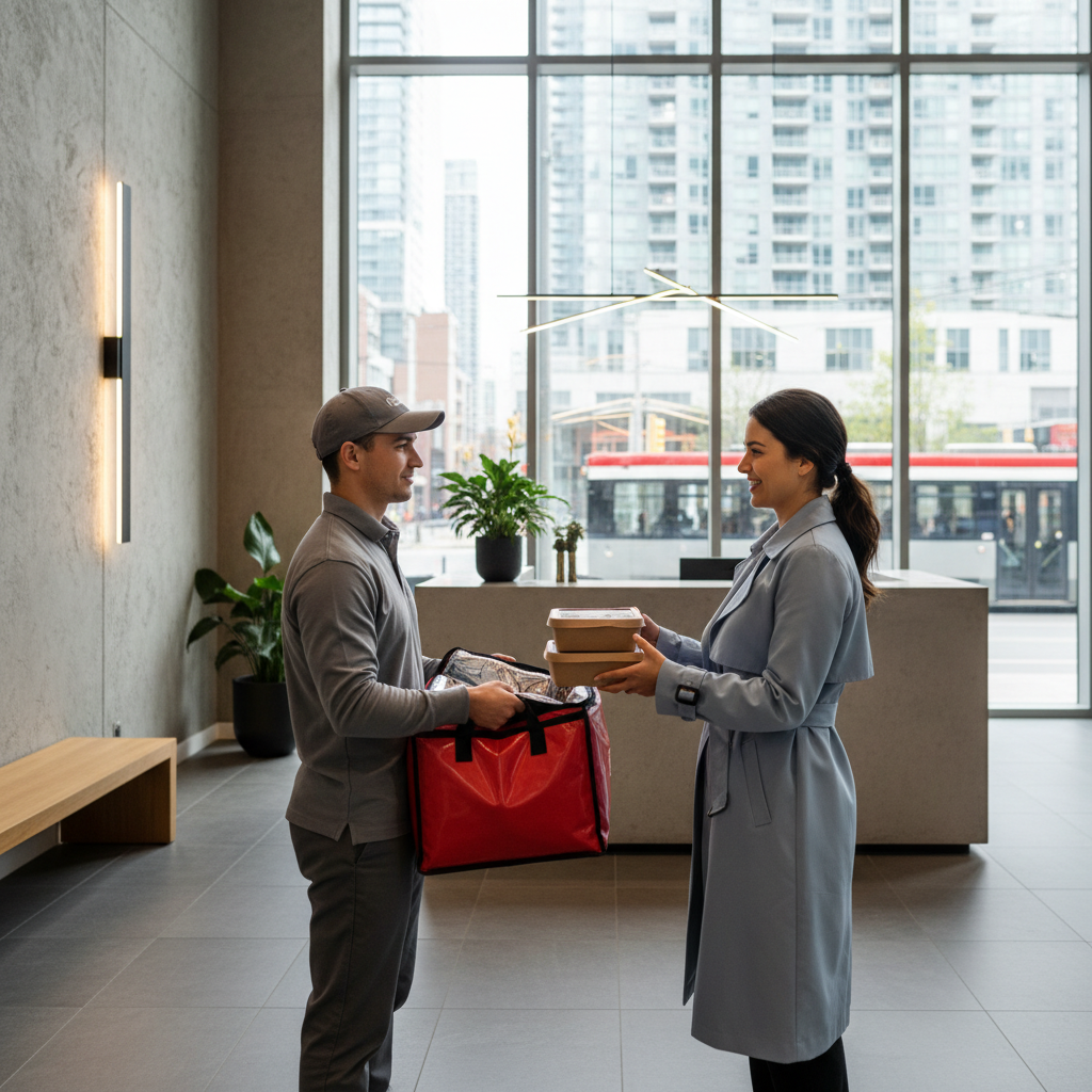 Delivery handoff in a Toronto condo lobby, showcasing shawarma delivery and convenient online ordering