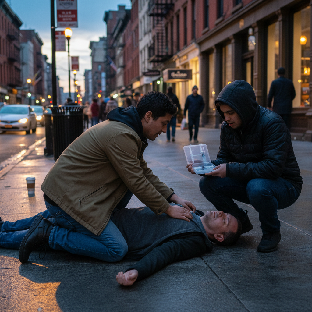 Bystander placing a person in the recovery position with an open naloxone kit nearby in an urban Ontario setting