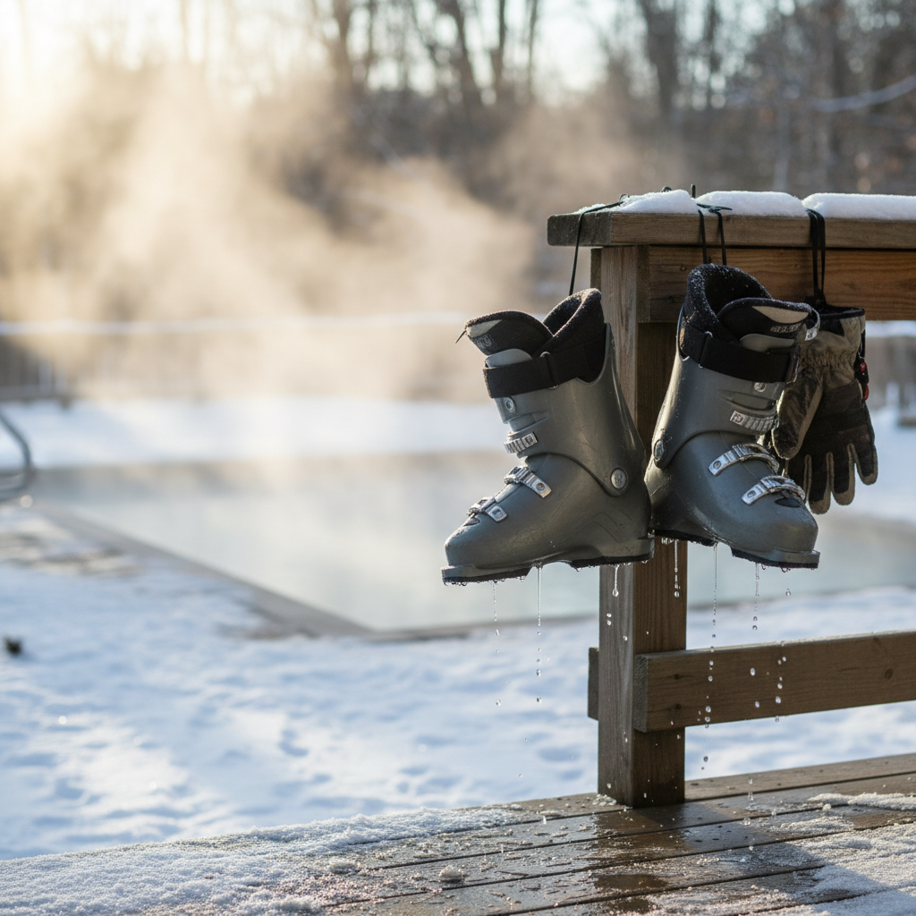 Close-up of ski boots and gloves drying on an enclosed porch near a heated outdoor pool at a North Conway motel