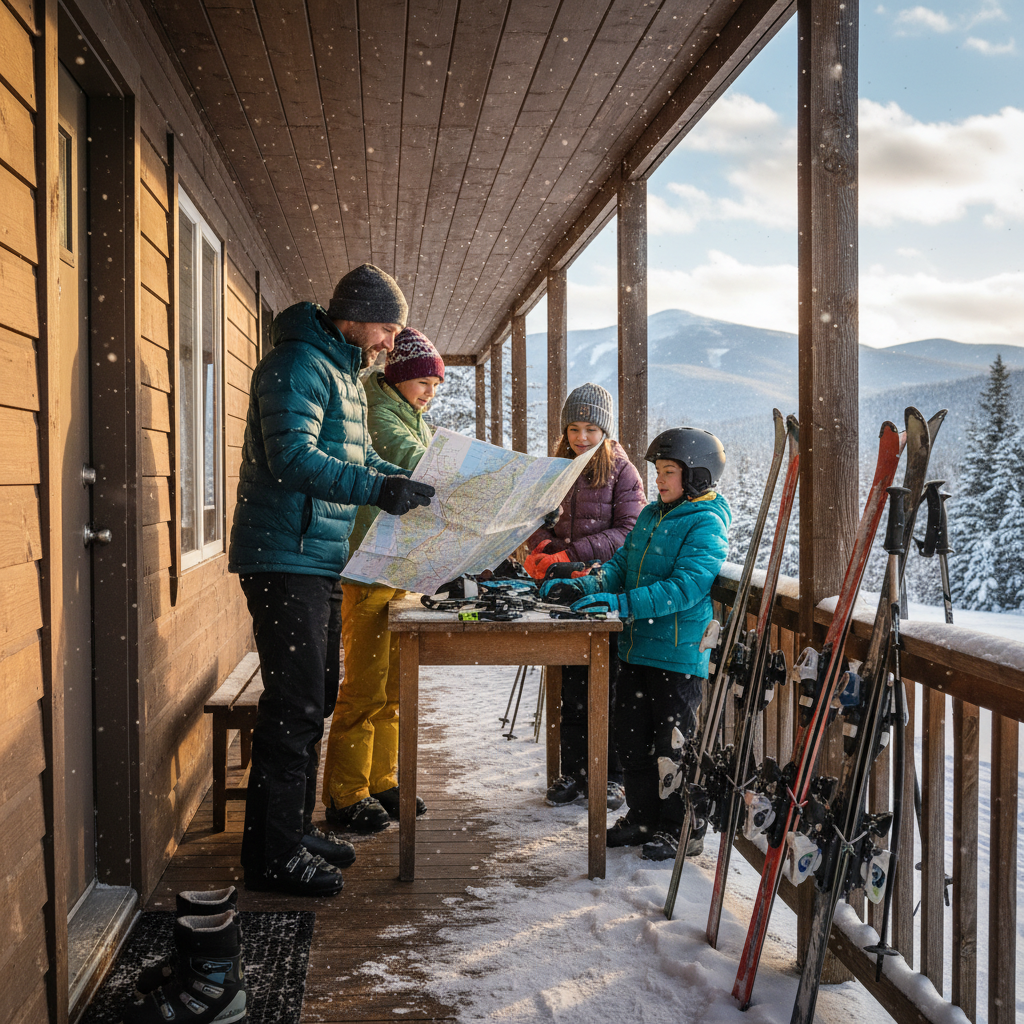 Family organizing skis and a trail map on a motel porch with mountain views in North Conway, NH