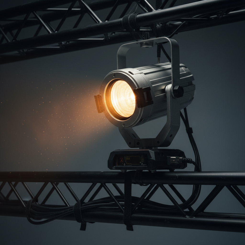 Close-up of moving head LED fixture used in professional event lighting design at a Mississauga corporate venue