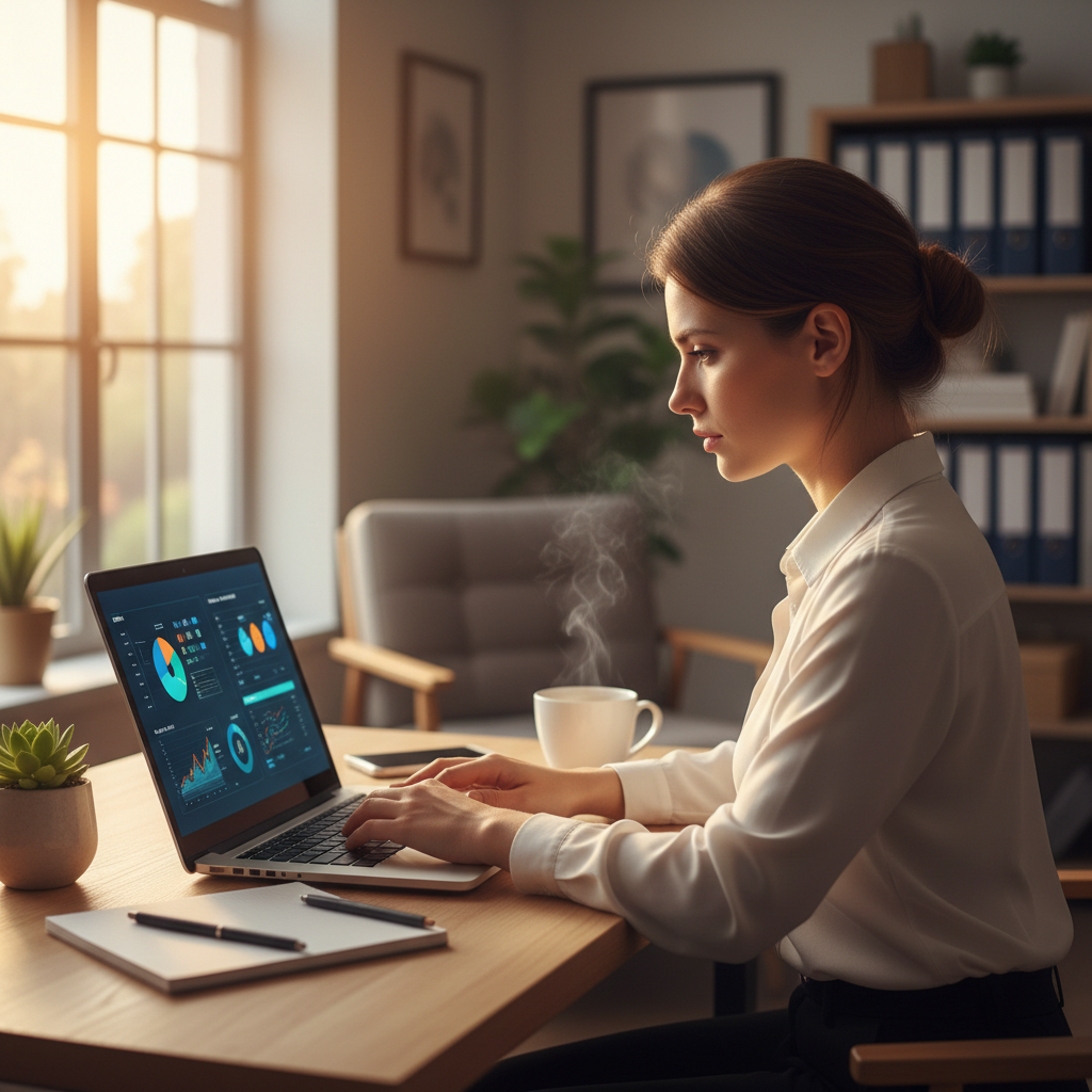 Accountant at laptop reviewing analytics for year-end reporting compliance and STP finalization