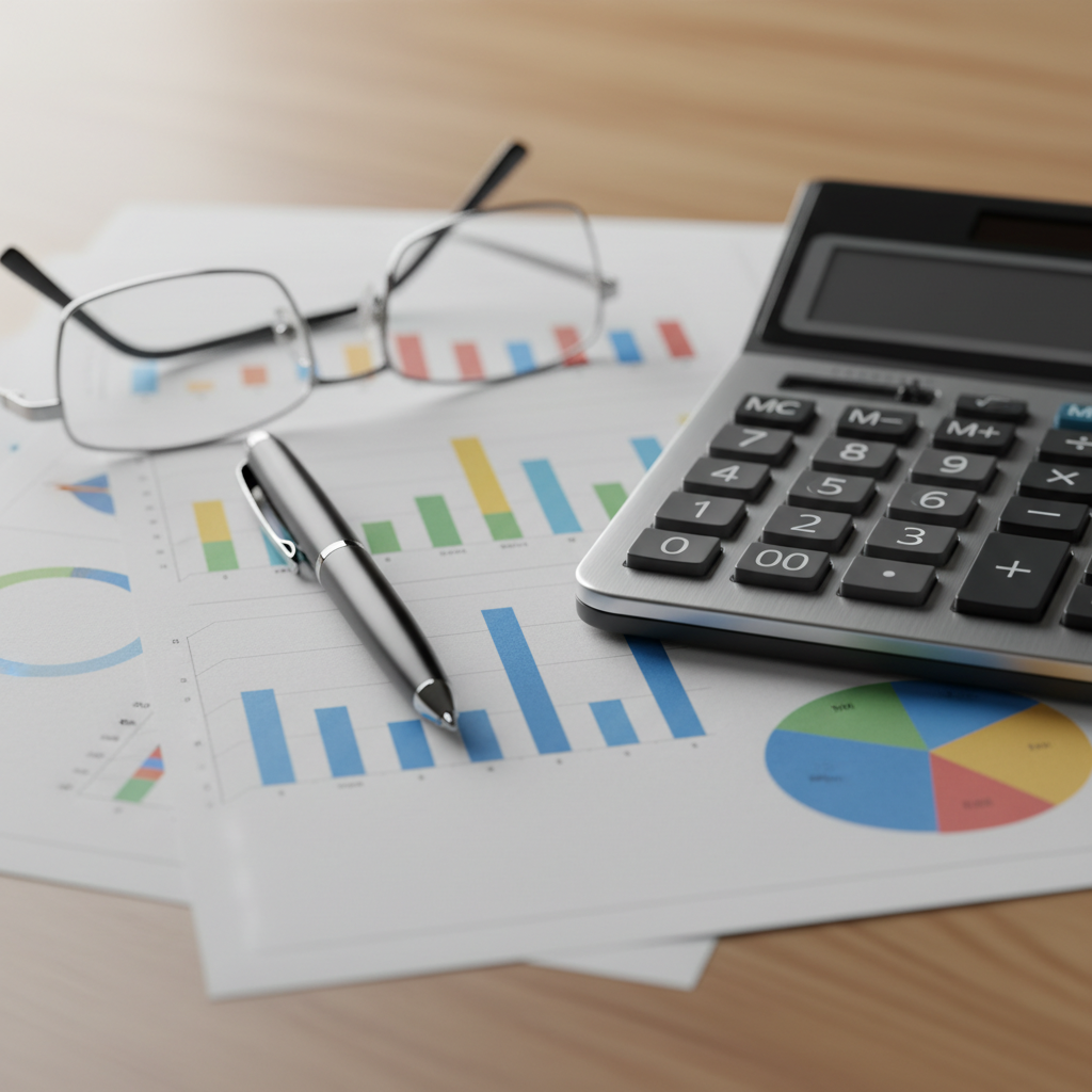 Close-up of calculator and charts illustrating year-end financial reporting requirements and compliance workflow