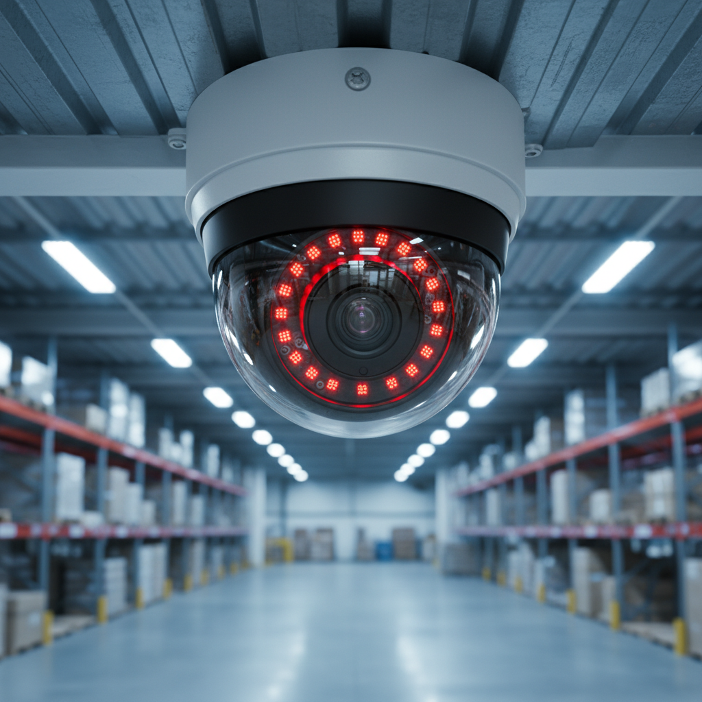 Close-up dome CCTV camera with AI video analytics detail for warehouse security and 24/7 monitoring