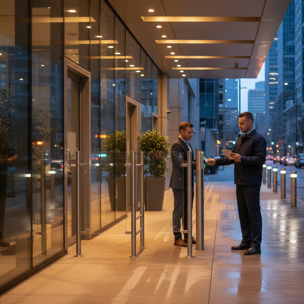 Access control turnstile with guard using tablet and visitor scanning keycard for AI-enabled security in a commercial lobby