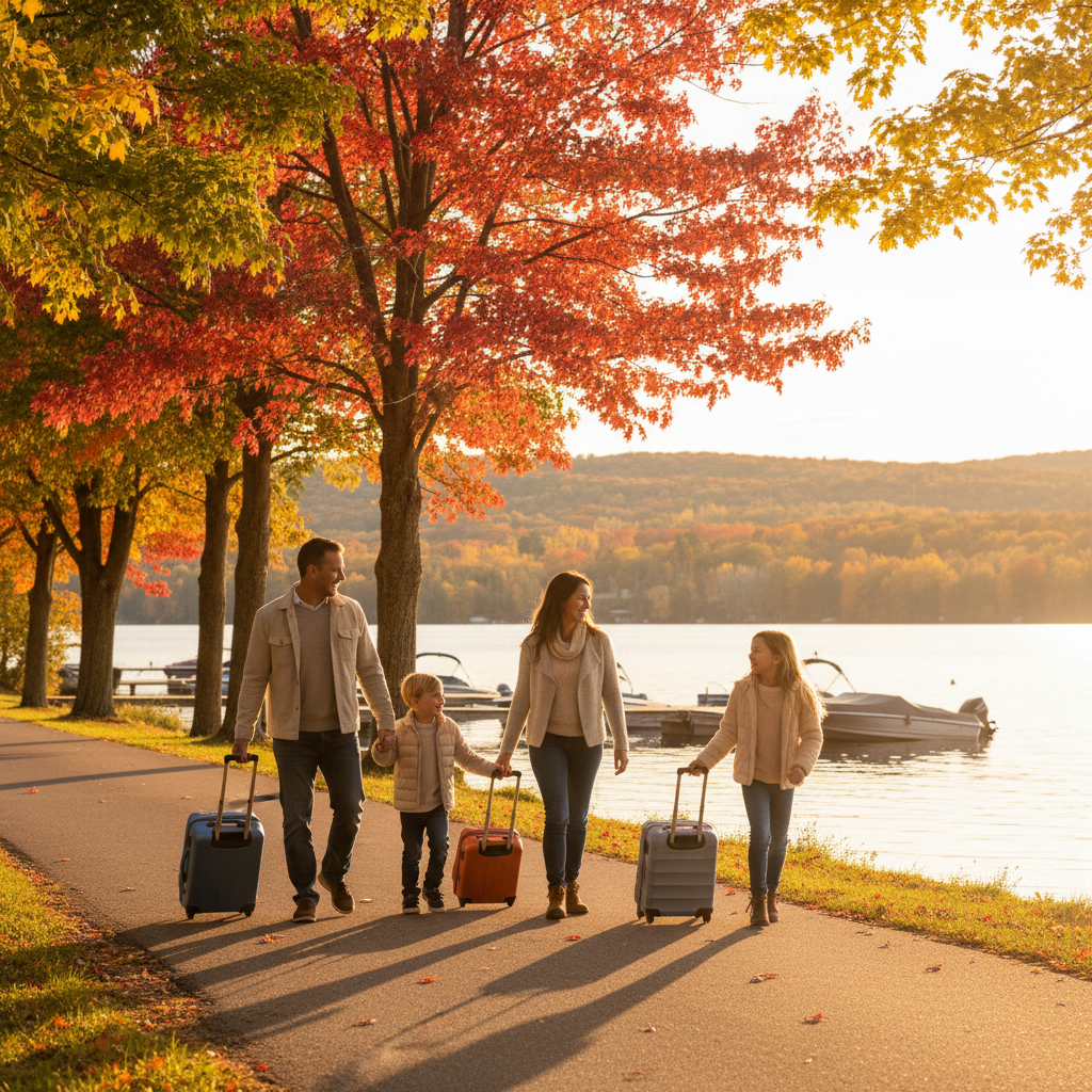 Ontario family with suitcases near lakeside park, illustrating travel insurance Canada coverage options for family trips