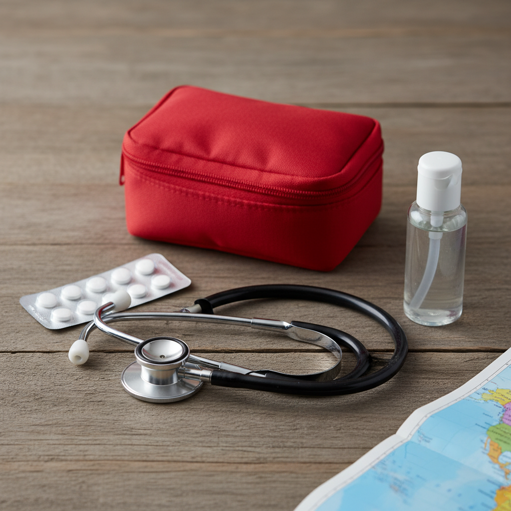Close-up of travel medical essentials for travel insurance Canada coverage options on wooden surface