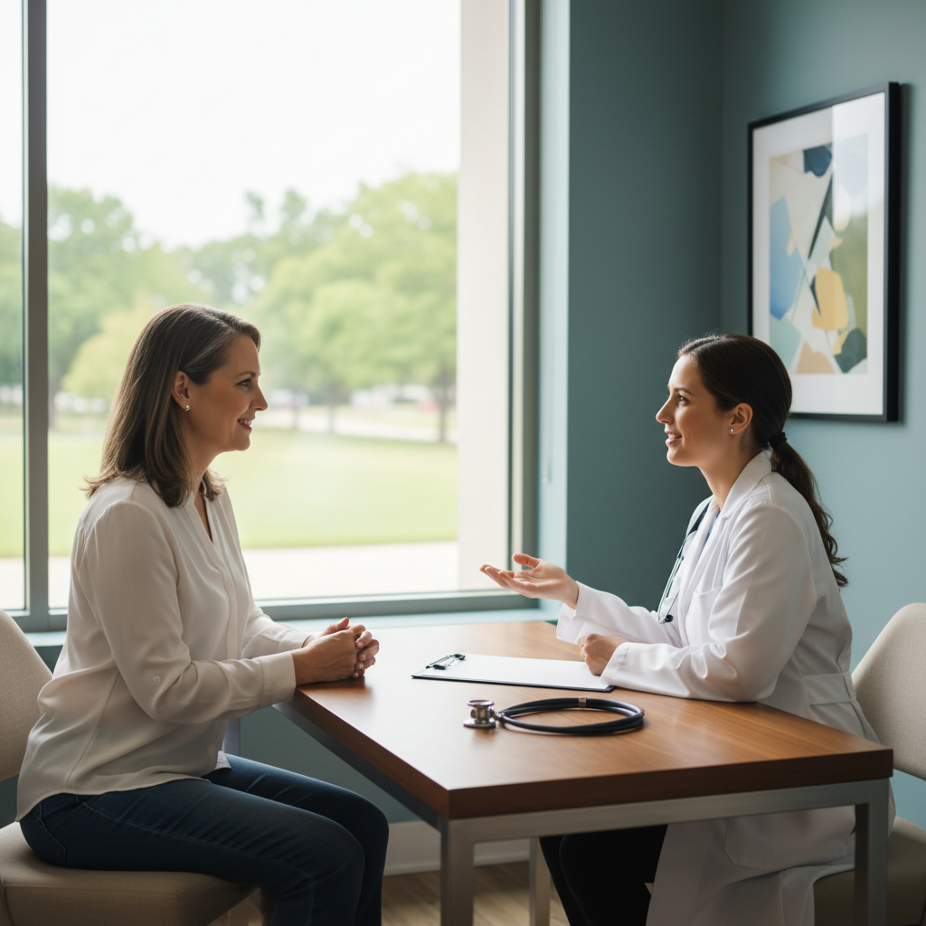 Visitor speaking with doctor about Canadian travel medical insurance options in a clinic
