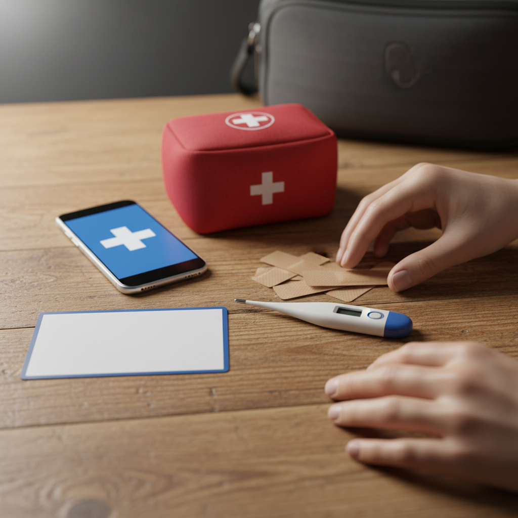 Close-up of travel medical essentials for visitor insurance Canada: first-aid kit, thermometer, and phone